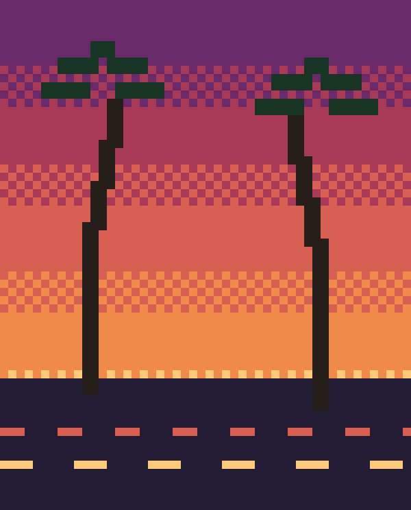 Palms over a wet street at dusk